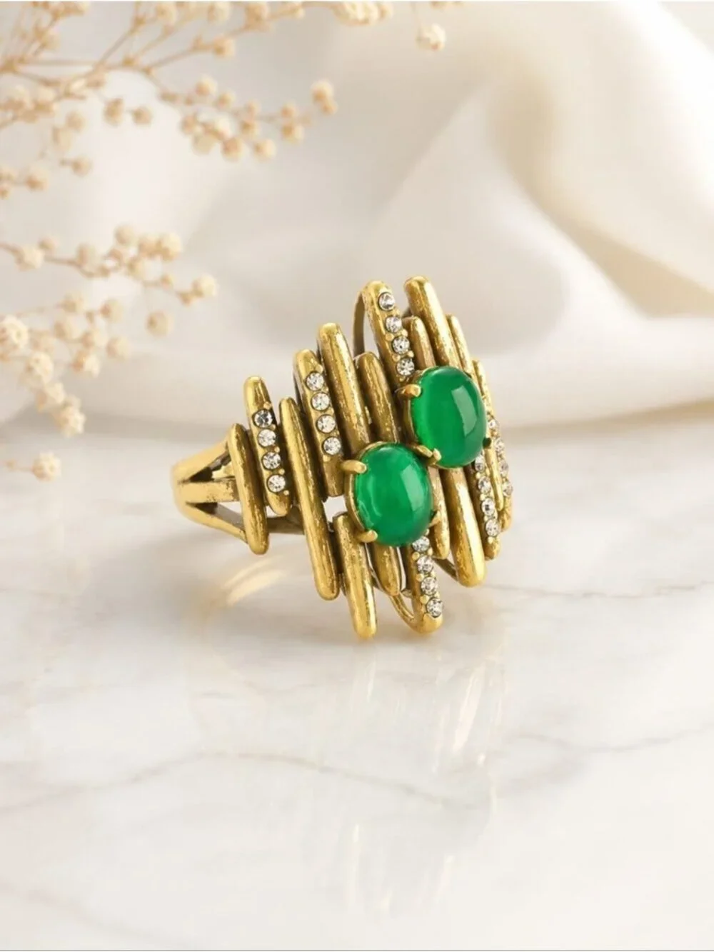 Vintage Gold-Tone Green Stone Statement Ring by